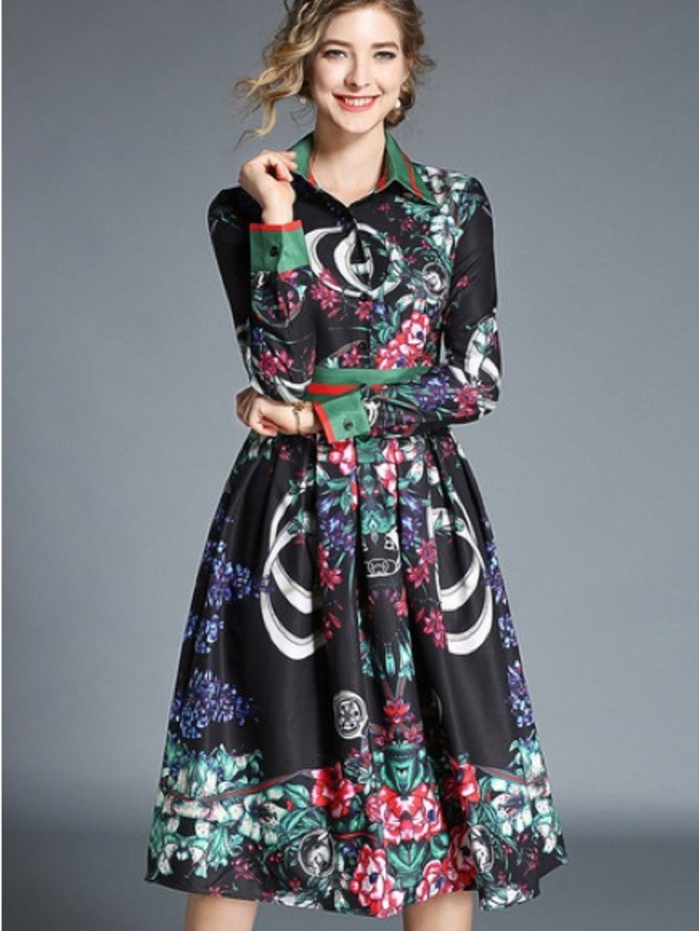 Floral Print Black Shirt Dress with Green Trim-Size-XL